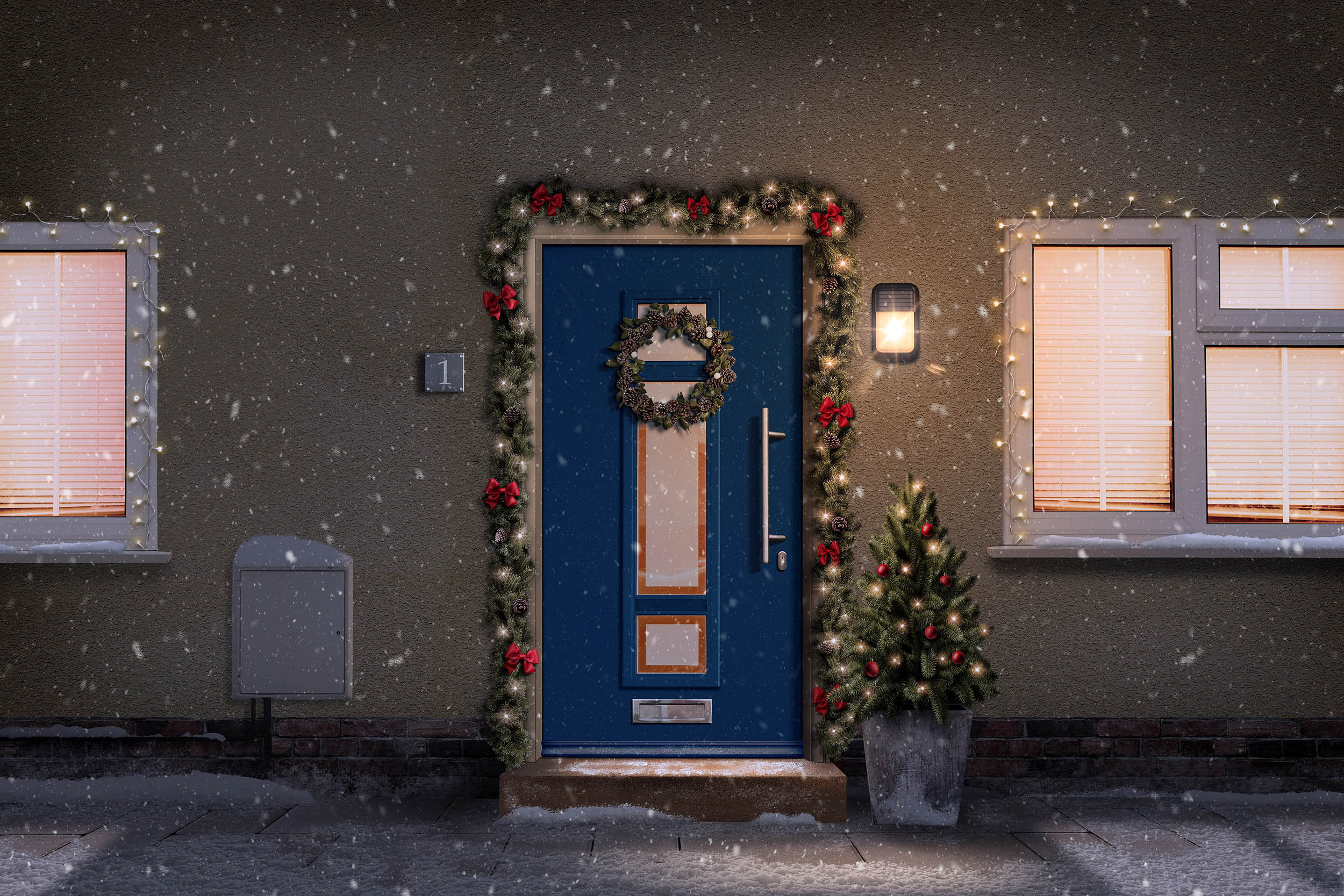 Bright red front door and welcome mat with wood porch floor.